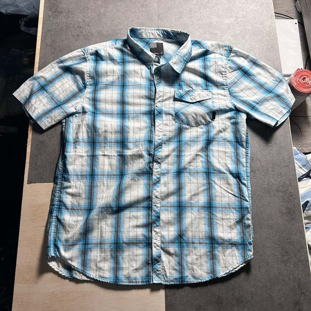 O'Neill Men's Blue White Plaid Short Sleeve Button Up Shirt XL